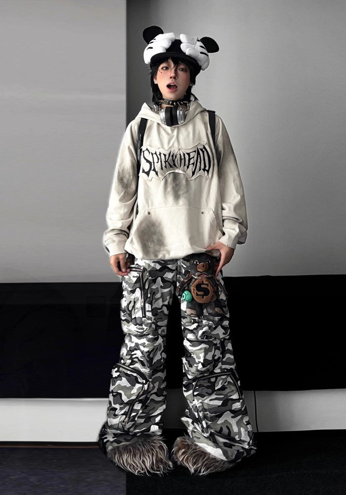 【TR BRUSHSHIFT】Monotone camouflage design three-dimensional wide cargo pants  TB0056