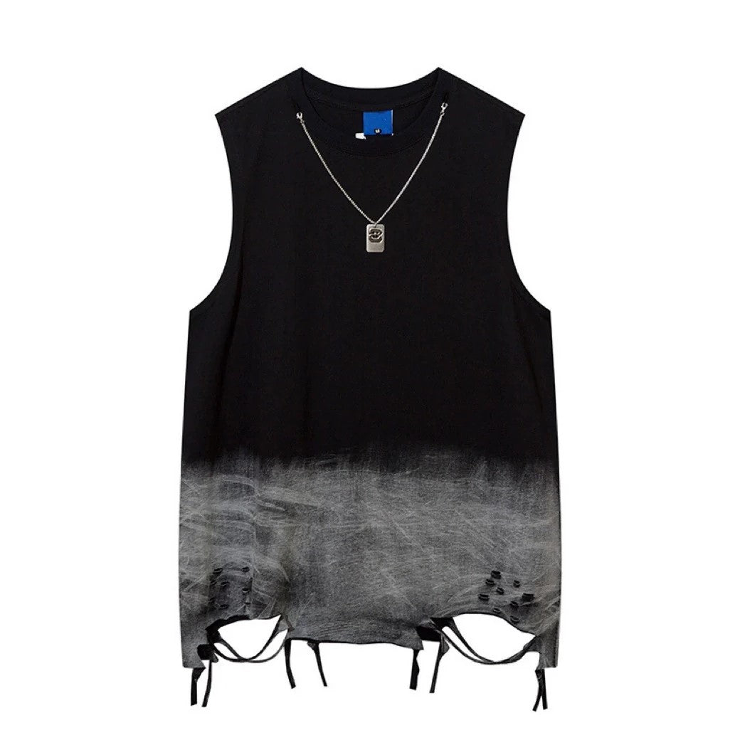 [Mz] Lower part washed design middle distressed sleeveless T-shirt MZ0022