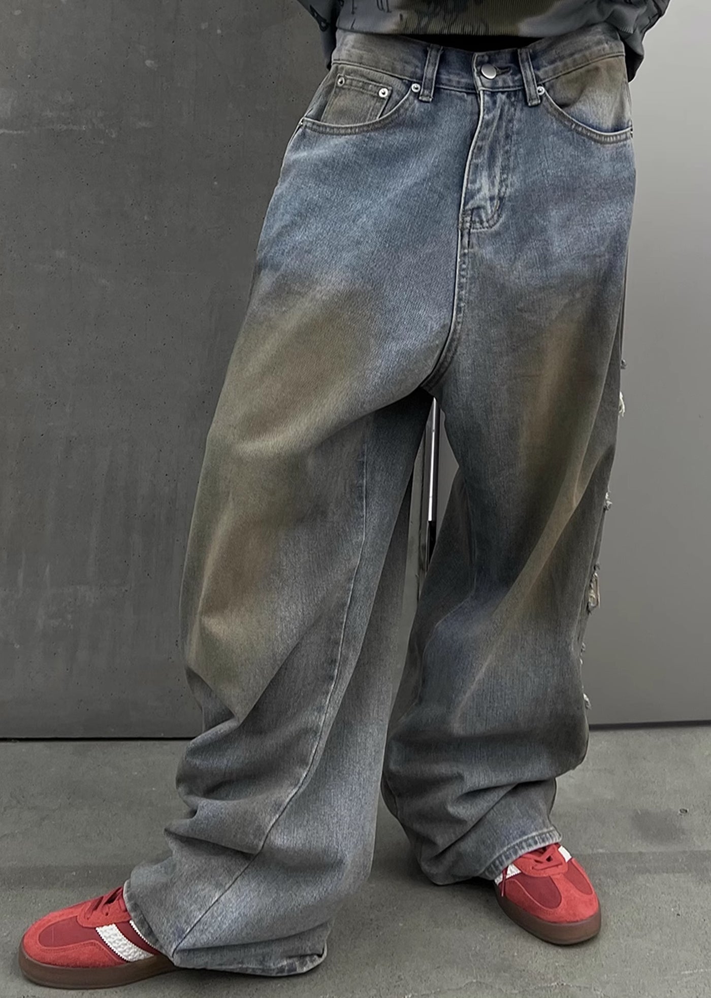 【SOULWORKER】Dull wash finish soil stain color wide denim pants  SW0023