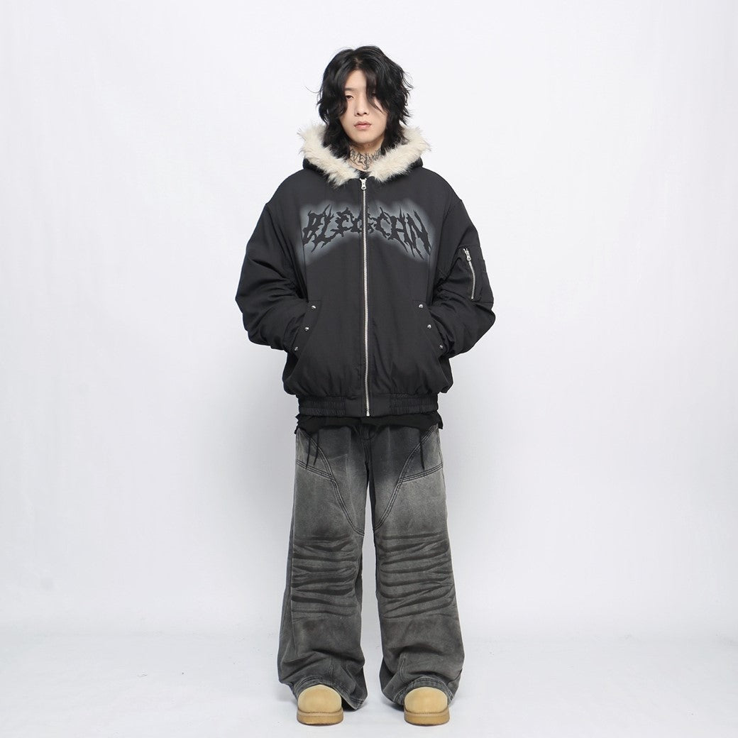 【Mz】Bad Devil Initial Design Fur Hoodie Full Zip Jacket  MZ0043