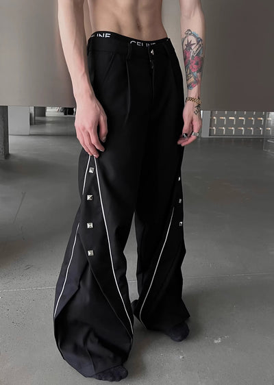 【SOULWORKER】Side line and patch design monochrome wide pants  SW0012