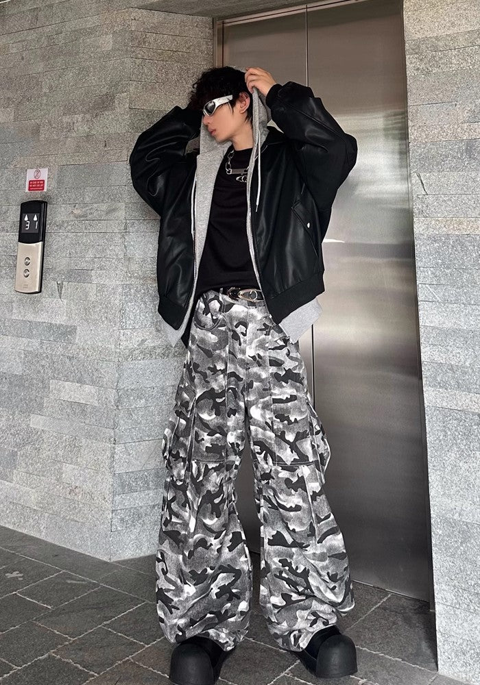 【MARTHENAUT】Dark monotone camouflage color design wide cargo pants  MH0039