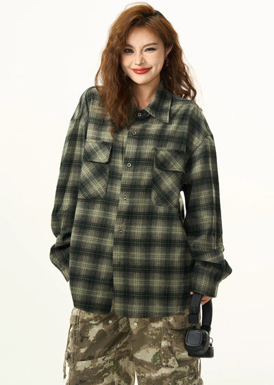 【H GANG X】Regular check pattern design loose collar long sleeve shirt  HX0064