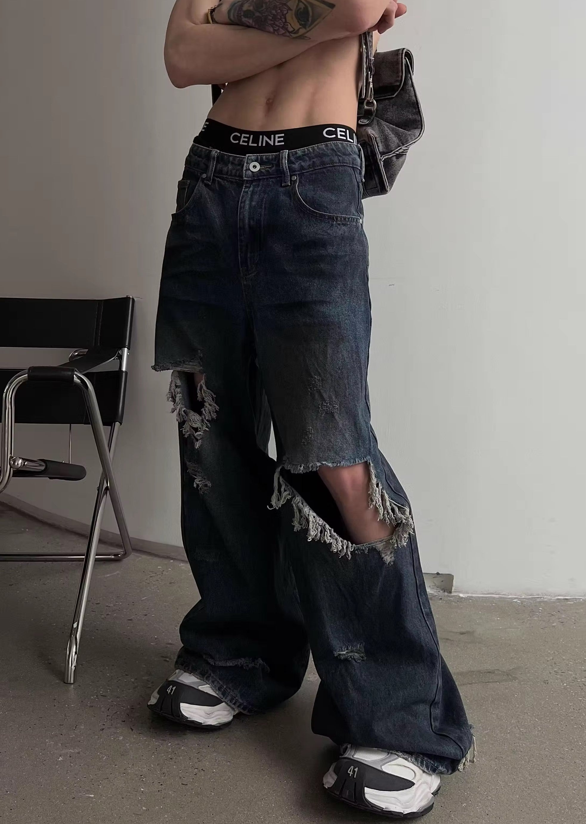 【SOULWORKER】Dull coloring navy middle damage denim pants SW0013 – HI-LANDER