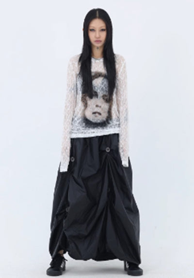 【FUZZYKON】Special tuck design silhouette black wide poncho style skirt pants  FK0033