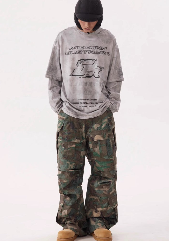 【BTSG】Pocket tuck silhouette design camouflage color cargo pants  BS0038