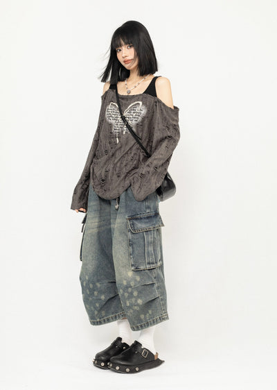 【ZERO STORE】Grunge butterfly design distressed knee cut sweater  ZS0044