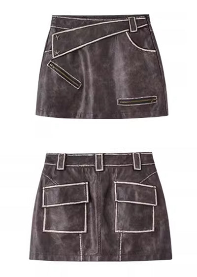 【YUKAHOUSE 】Lady tight silhouette brown color leather skirt  YO0007
