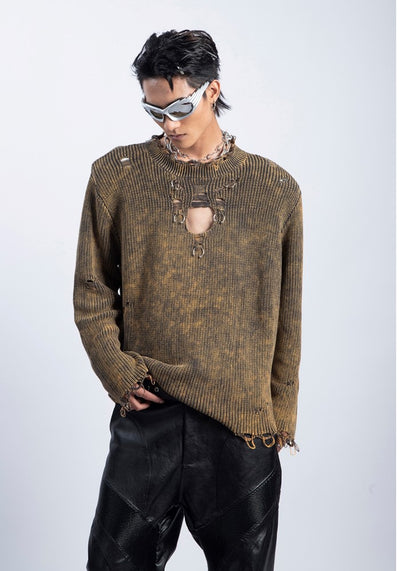 【PLAN1ONE】Tight silhouette mid-length distressed long-sleeved T-shirt  PL0042