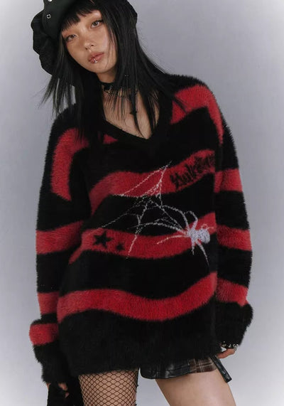 【YUKAHOUSE 】Subculture style spider design red border knit  YO0013