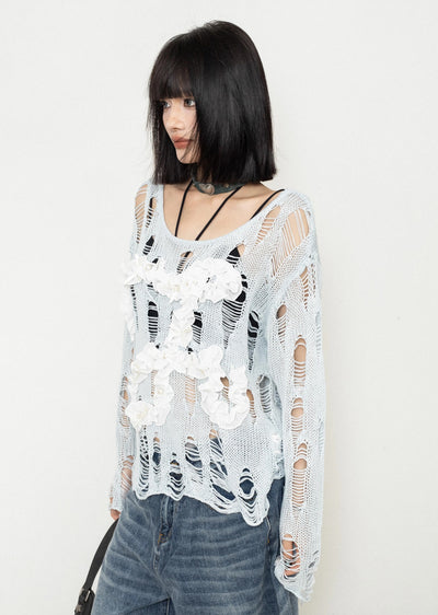 【ZERO STORE】Mesh Skeleton Mid-length Distressed Knit Sweater  ZS0034