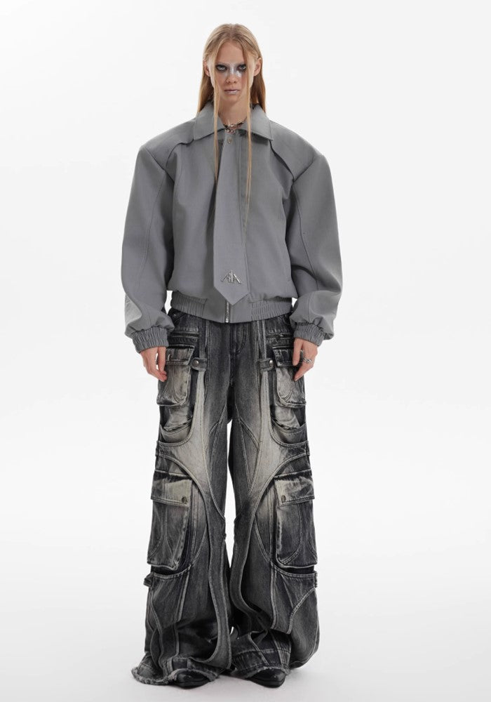 【Culture E】Wide gimmick silhouette mid-wash chain denim cargo pants  CE0155