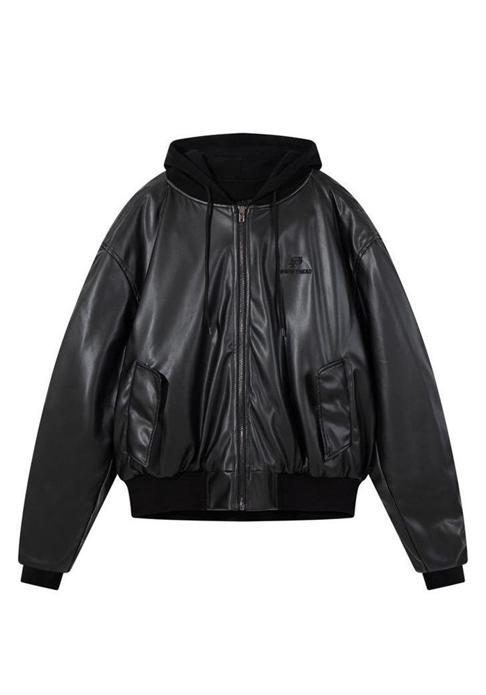 【W3】Hoodie plus faux leather style black jacket  WO0080