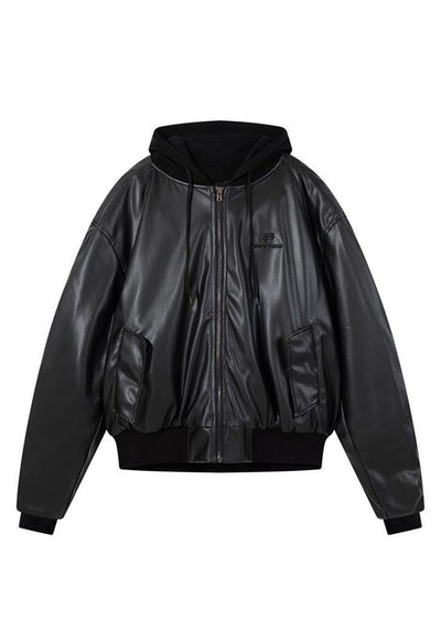 【W3】Hoodie plus faux leather style black jacket  WO0080