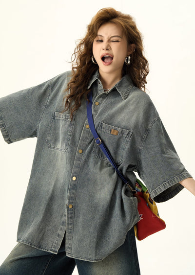 [H GANG X] Dull washed loose silhouette mature style short sleeve denim shirt HX0060