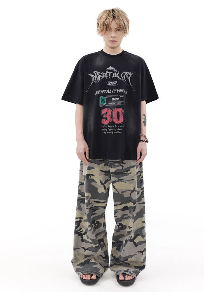 【MR nearly】Grunge wash multi-point initial design short sleeve T-shirt  MR0120