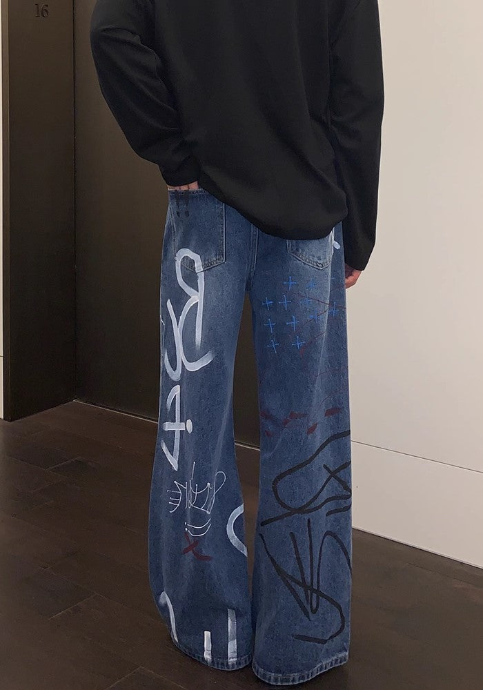 【CUIBUJU】Countless graffiti design casual street wide denim pants  CB0052