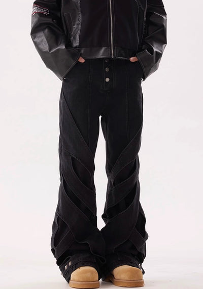 【BTSG】Gimmick 3D silhouette design black flare pants  BS0027