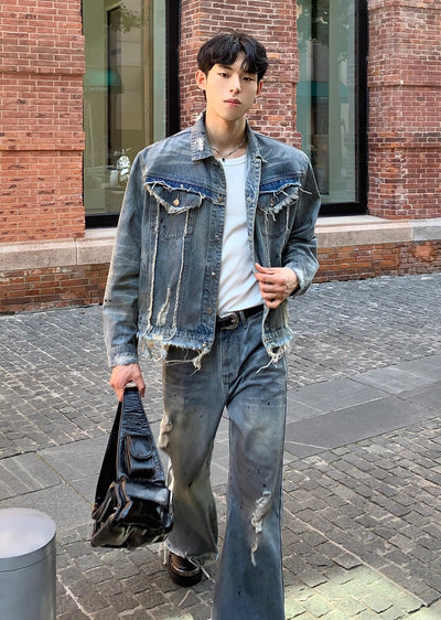 【CUIBUJU】Vintage faded washed distressed denim setup  CB0042