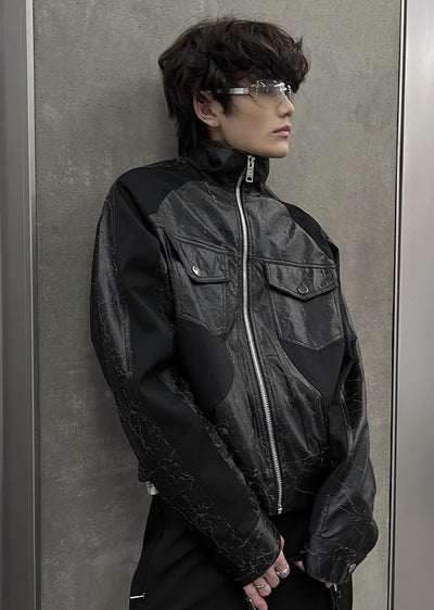 【SOULWORKER】Black Gimmick Leather Wide Full Zip Jacket Outerwear  SW0019