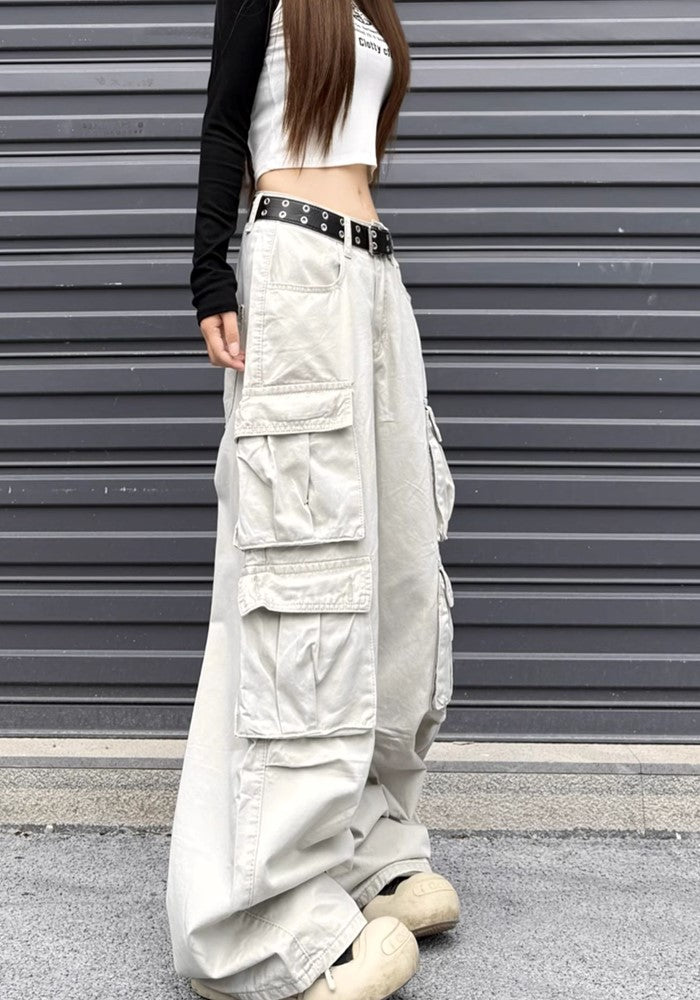 【W3】Double pocket wide silhouette base muted color cargo pants  WO0082