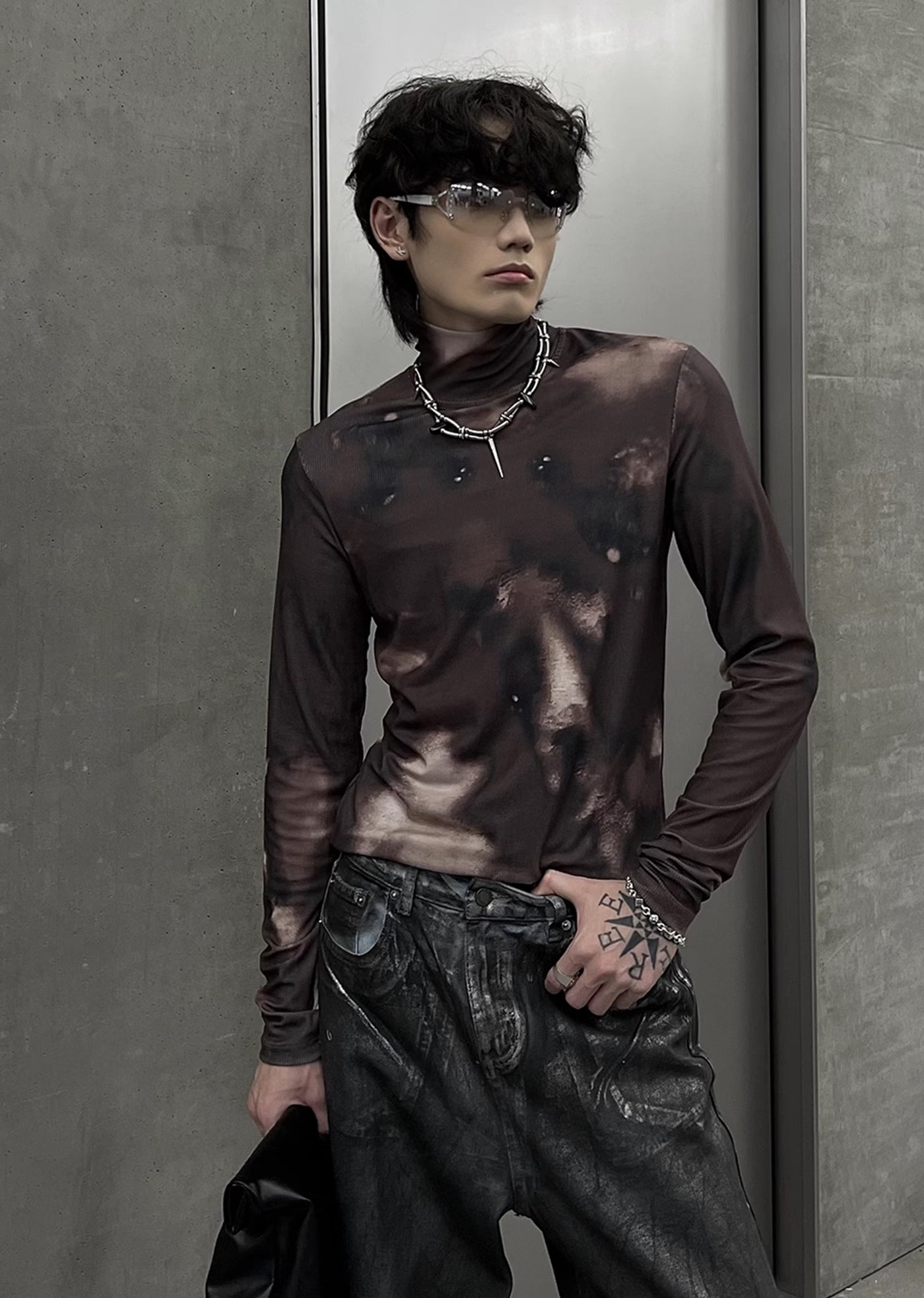 【SOULWORKER】Random wash color see-through design long sleeve T-shirt  SW0026