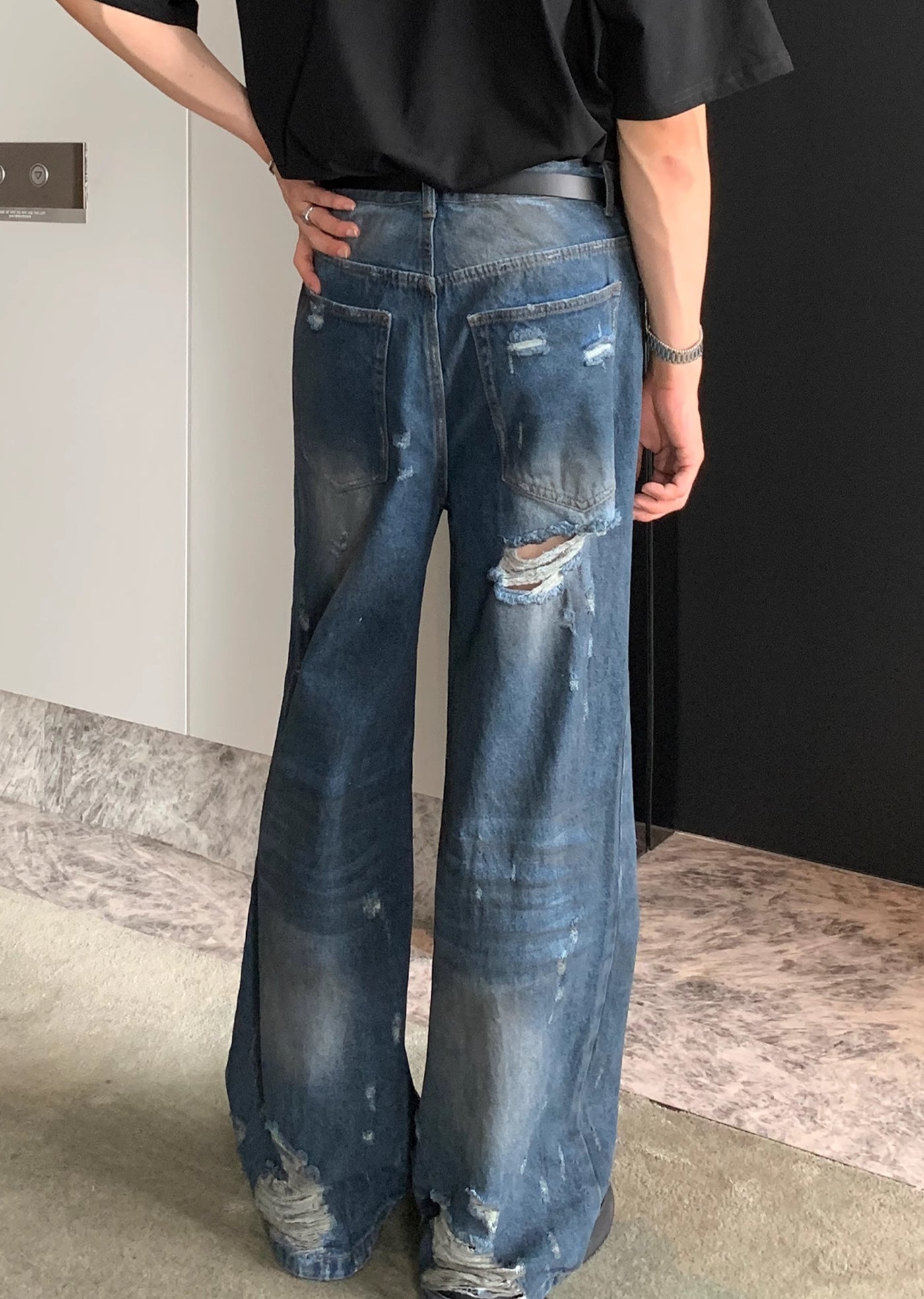 【CUIBUJU】Distressed simple dark blue denim pants  CB0045