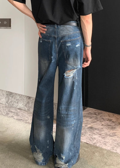 【CUIBUJU】Distressed simple dark blue denim pants  CB0045