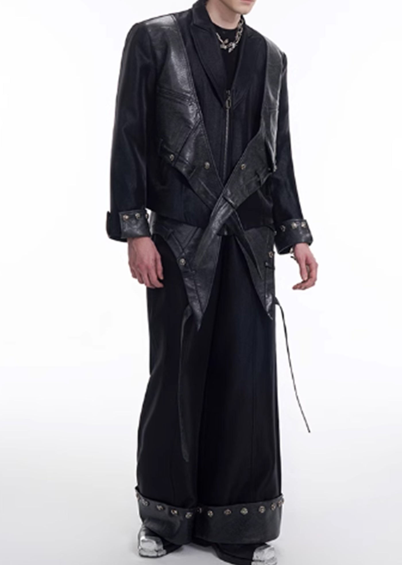 【STARTEXCEEDEND】Leather plus slacks fabric design gimmick wide pants  SC0002