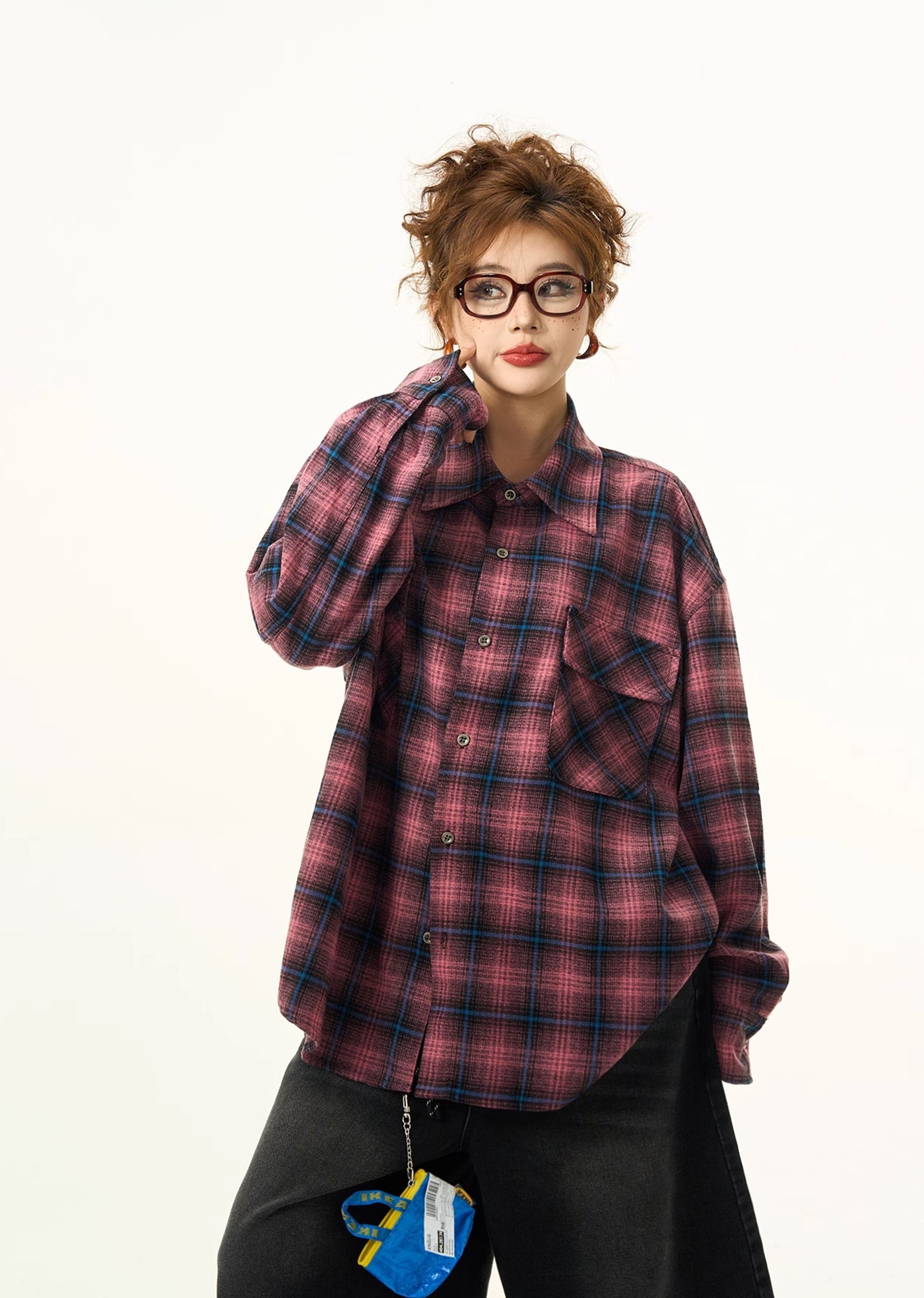 【H GANG X】Regular check pattern design loose collar long sleeve shirt  HX0064