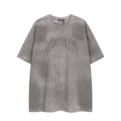 [Mz] Grunge style dull color wash dealer front short sleeve T-shirt MZ0024