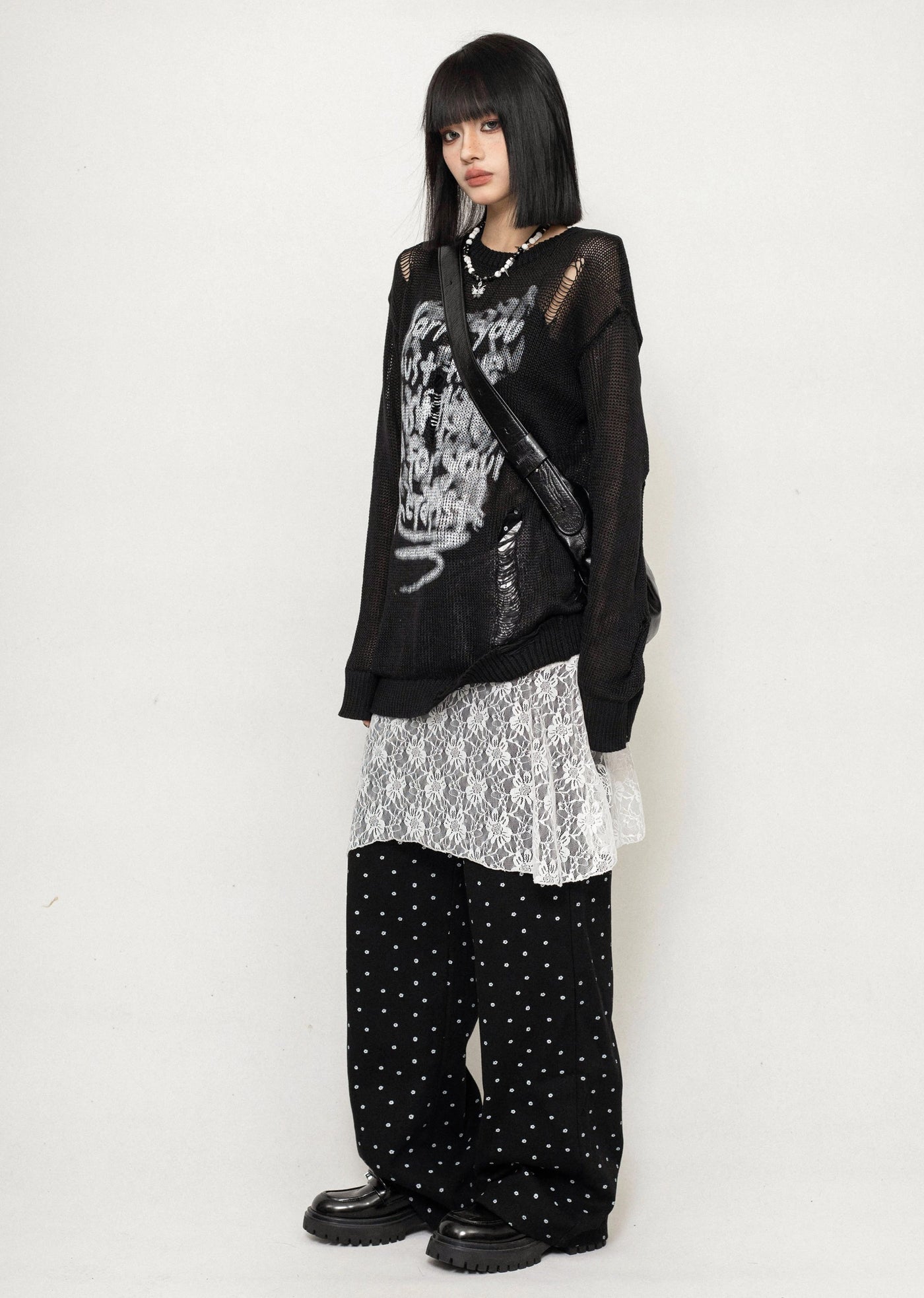 【ZERO STORE】See-through design front initial tight long sleeve T-shirt  ZS0028