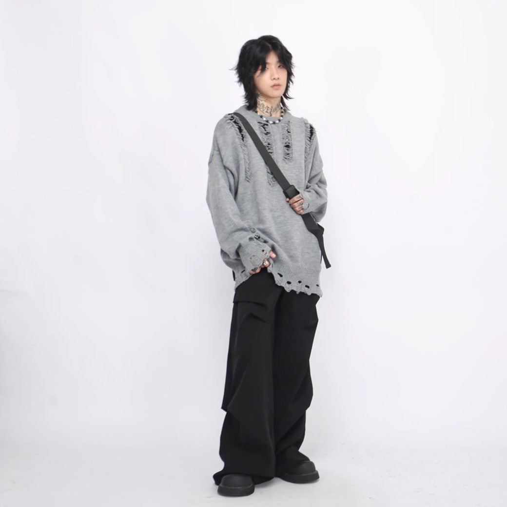 【Mz】Mid-length distressed simple design over-knit  MZ0033