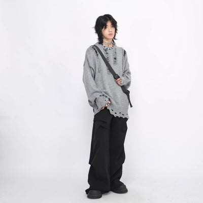 【Mz】Mid-length distressed simple design over-knit  MZ0033