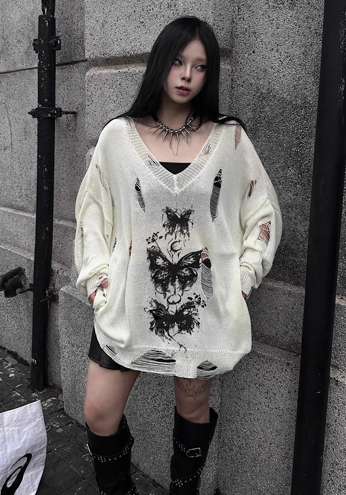 【TR BRUSHSHIFT】Mid-length distressed butterfly design sheer knit  TB0051