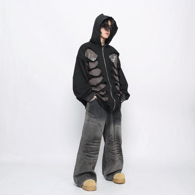 【Mz】Double layer bone-like gimmick design damage wide hoodie  MZ0037