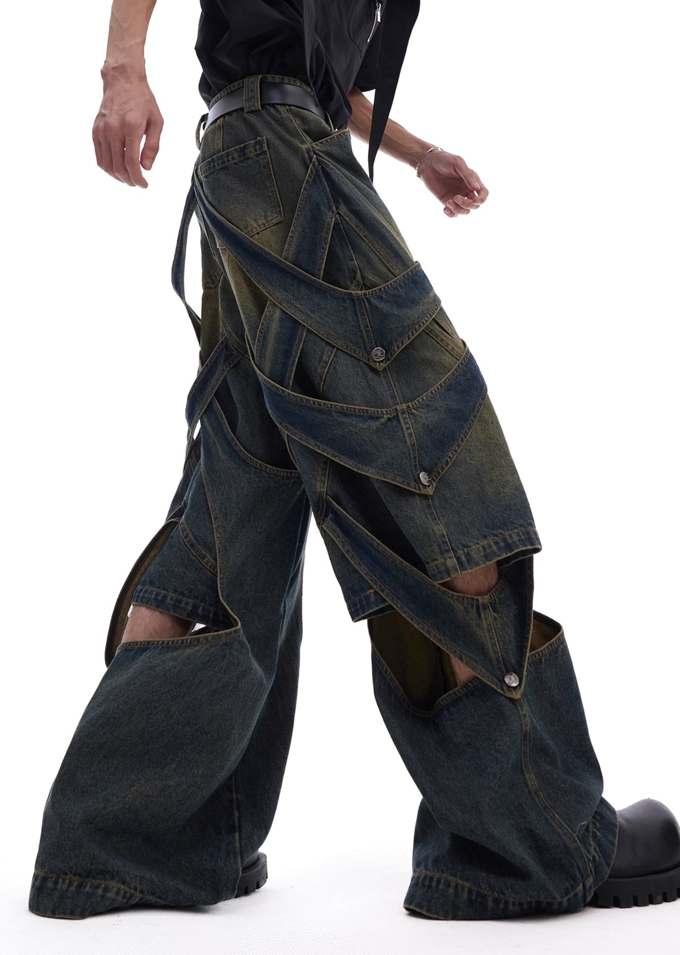 【Culture E】Dull wash cross infinity design denim wide pants  CE0146