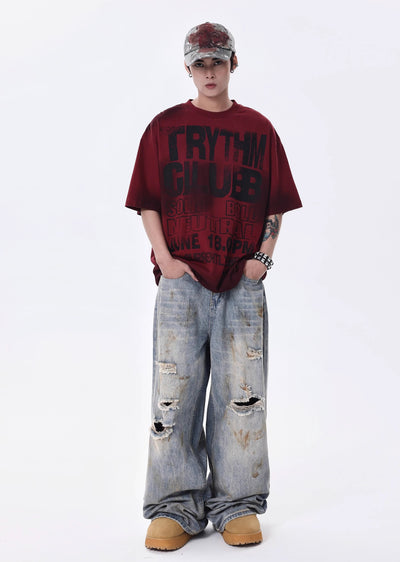 【BTSG】Middle distressed dull paint design wide silhouette denim pants  BS0019
