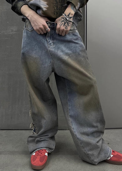 【SOULWORKER】Dull wash finish soil stain color wide denim pants  SW0023