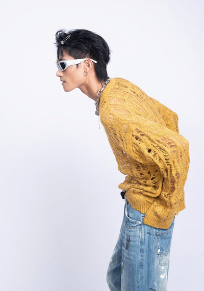 【PLAN1ONE】Mesh-like fully distressed accent fleur knit sweater  PL0044