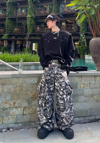 【MARTHENAUT】Dark monotone camouflage color design wide cargo pants  MH0039