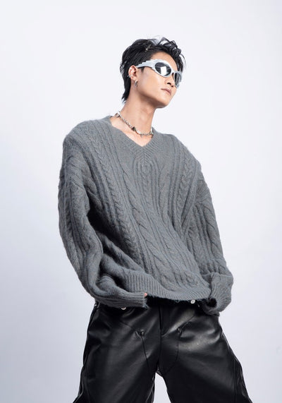 【PLAN1ONE】Simple baseline design V-neck silhouette knit sweater  PL0050