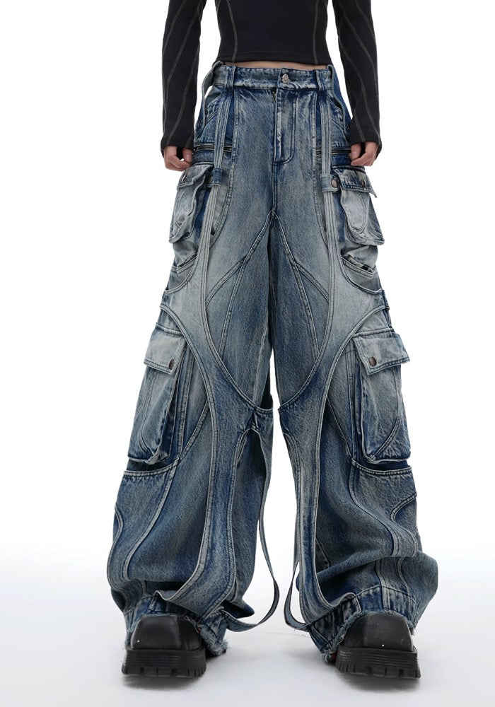 【Culture E】Wide gimmick silhouette mid-wash chain denim cargo pants  CE0155