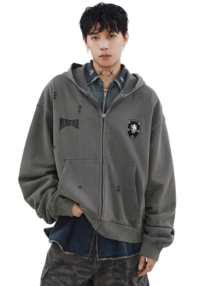 【MR nearly】Dull base color mid-length design damaged full zip hoodie  MR0142