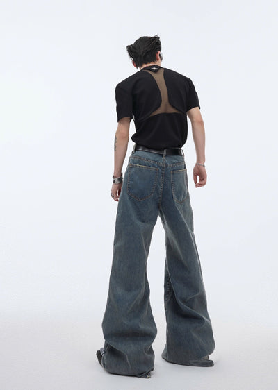 [Culture E] Translucent knee-cut design mid-flare wide silhouette denim pants CE0117