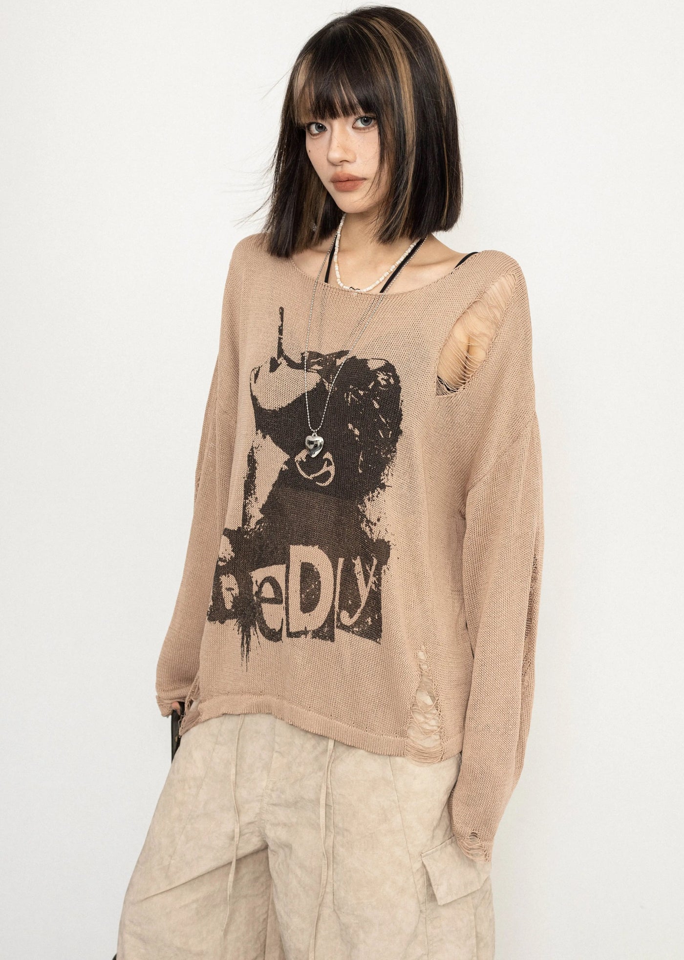 【ZERO STORE】Front illustration design middle damage wide over knit  ZS0050