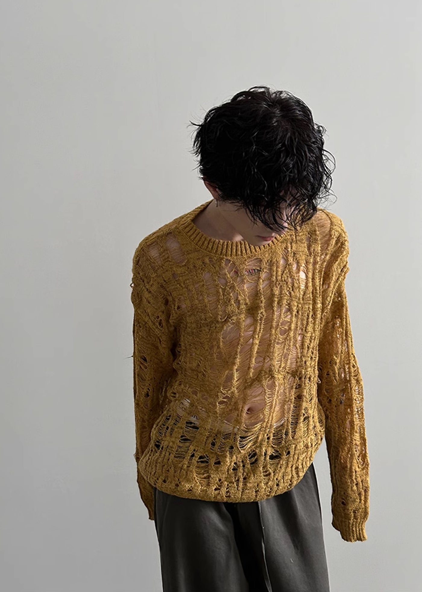 【Very Fewest】Sheer design see-through gimmick color knit sweater  VF0033