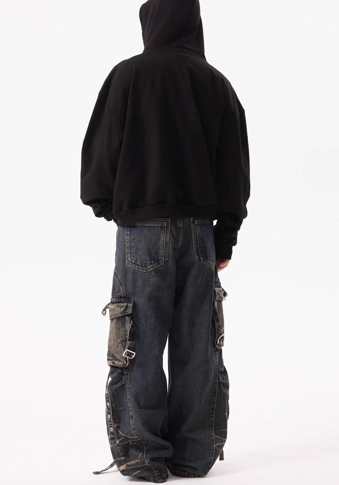 【BTSG】Double-washed gimmick suspender cargo denim pants  BS0033