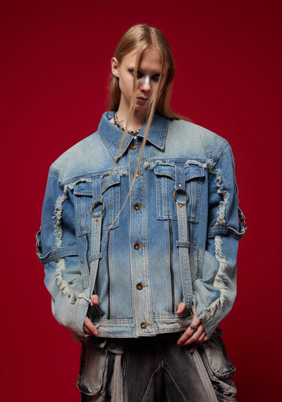 【Culture E】Washed distressed gimmick silhouette design denim jacket  CE0159