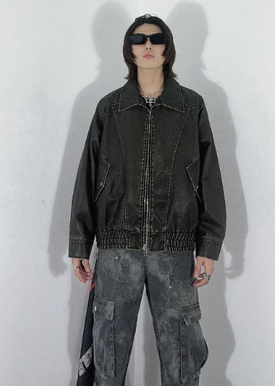 [76street] Vintage processing design simple black leather jacket ST0004